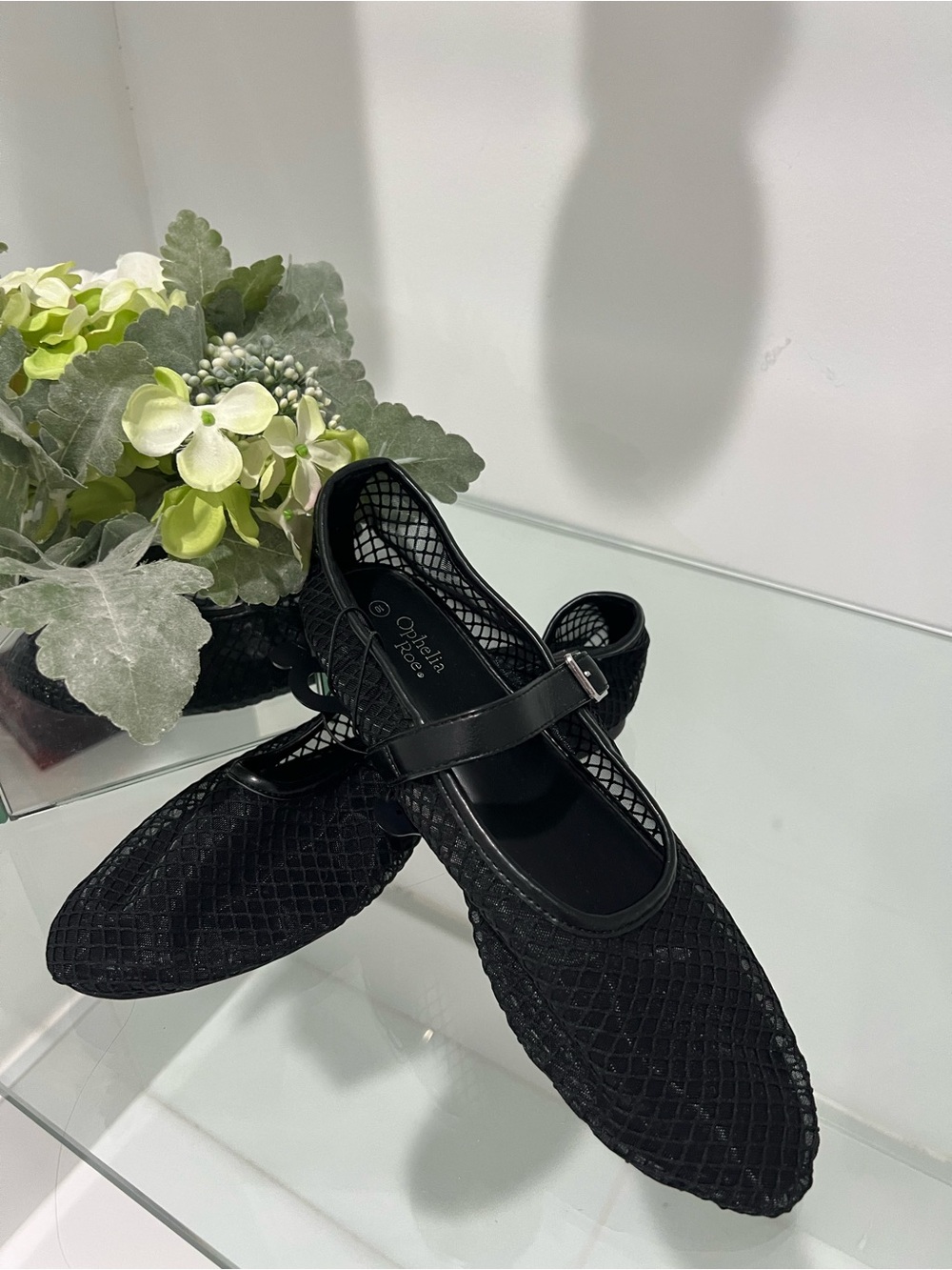 Black Mesh Mary Jane Flats with Strap